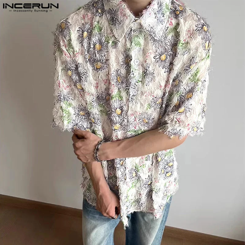 

INCERUN Men Shirt Printing Tassel Lapel Short Sleeve Loose Casual Men Clothing Streetwear Summer Korean 2024 Fashion Male Shirts