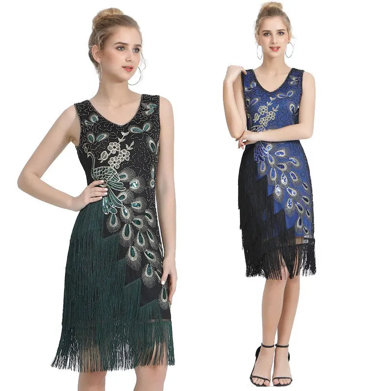 

Plus Size Peacock Vintage 1920s Sequin Fringe Dress Flapper Great Gatsby Midi Party Stage Dance Women Latin Dress Costumes