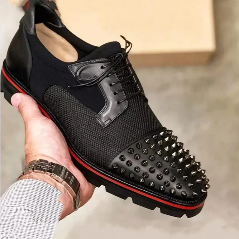 

Men Shoes Punk Rivet Black Lace-up Breathable Casual Fashion Handmade Shoes for Men with Men Dress Shoes