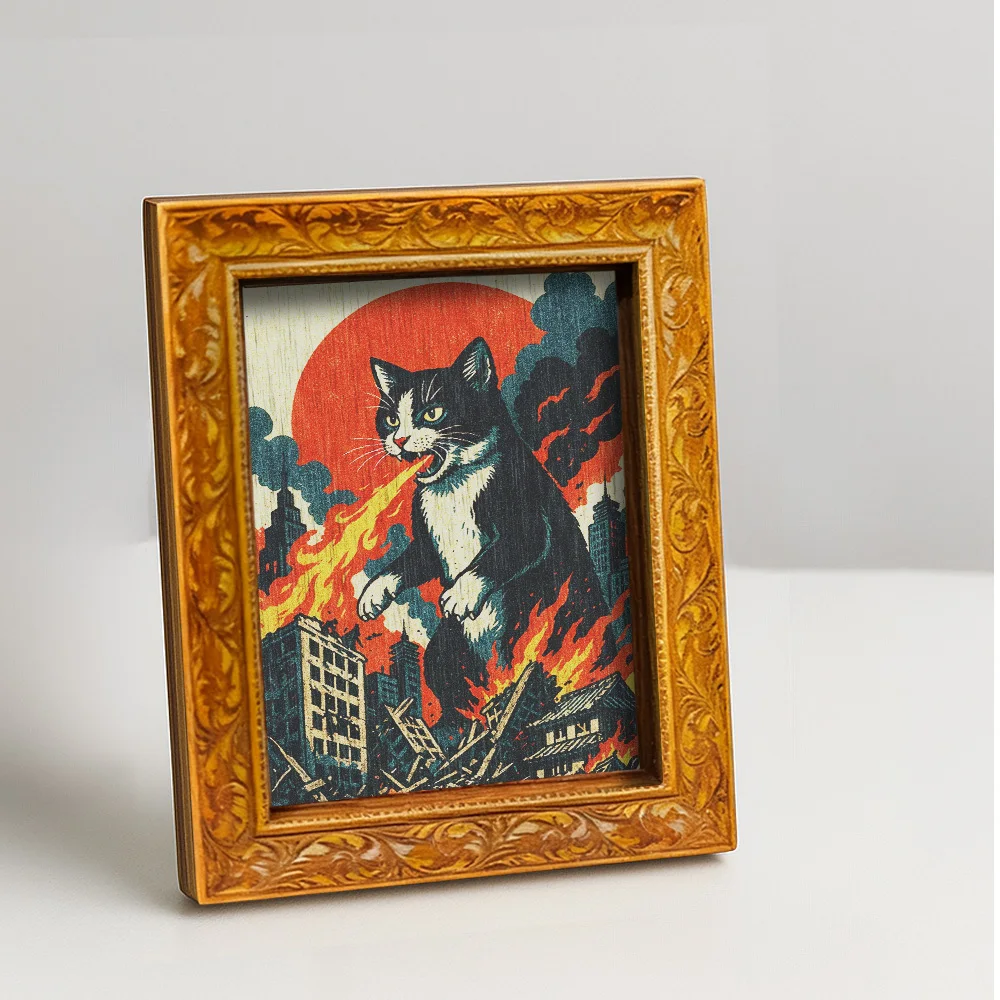 Fire-Breathing Kaiju Cat Fridge Magnet, Vintage Framed Magnetic Art for Kitchen Refrigerator & Home Decor,funny gift