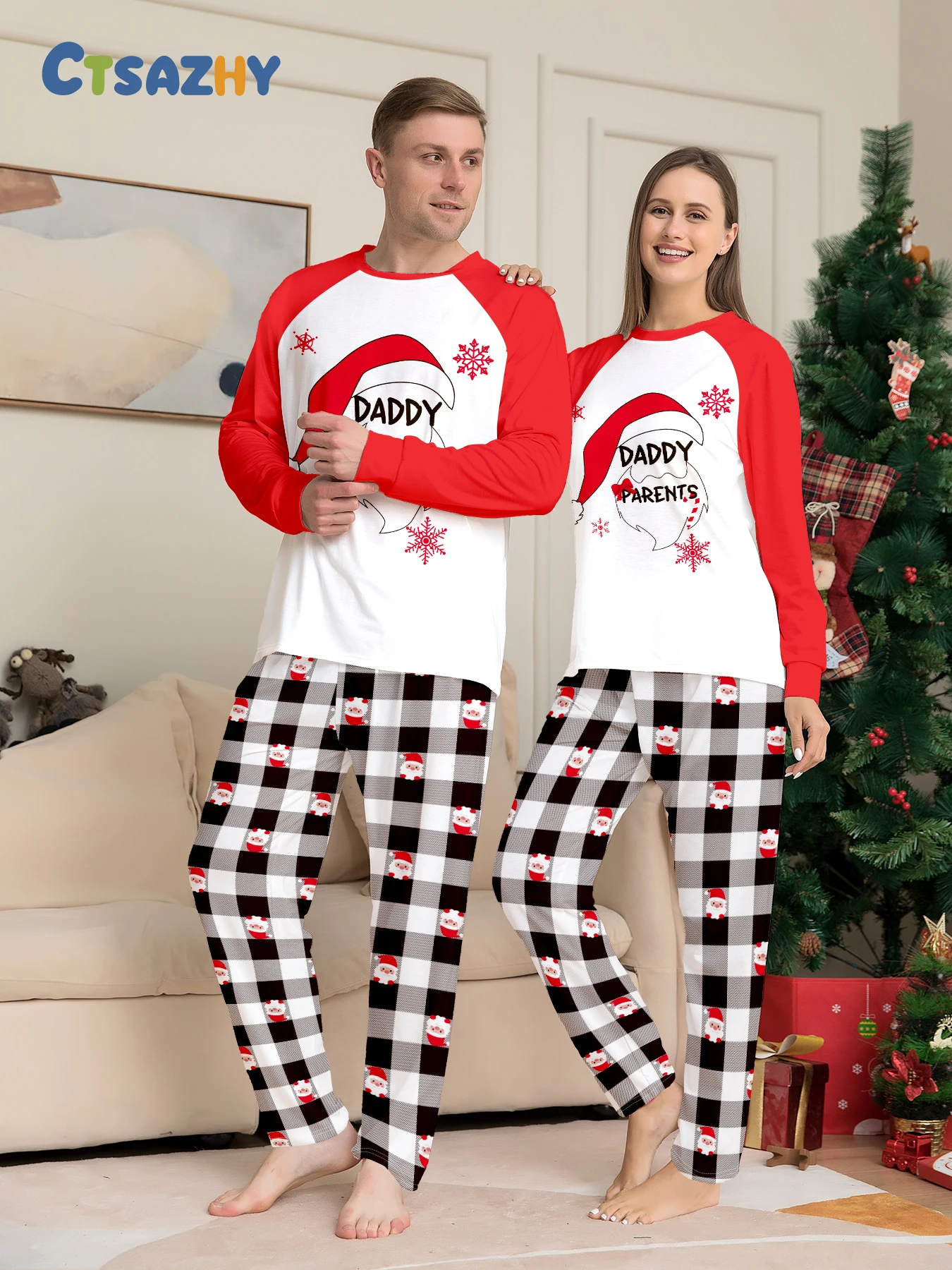 

Рождественская пижама для пары, шляпа Санта-Клауса, ночное белье с длинными рукавами и клетчатым принтом