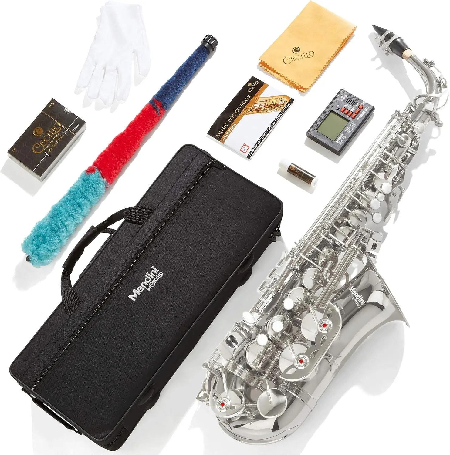 By Cecilio Eb Alto Saxophone - Case, Tuner, Mouthpiece, 10 Reeds, Pocketbook- Nickel E Flat Musical Instruments