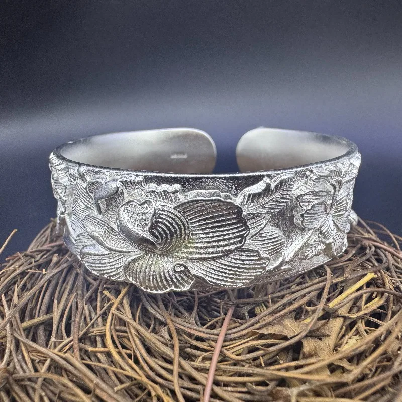 Vintage Wide Floral Cuff Bracelet, Handcrafted Full Bloom Peony Jewelry as Romantic Present