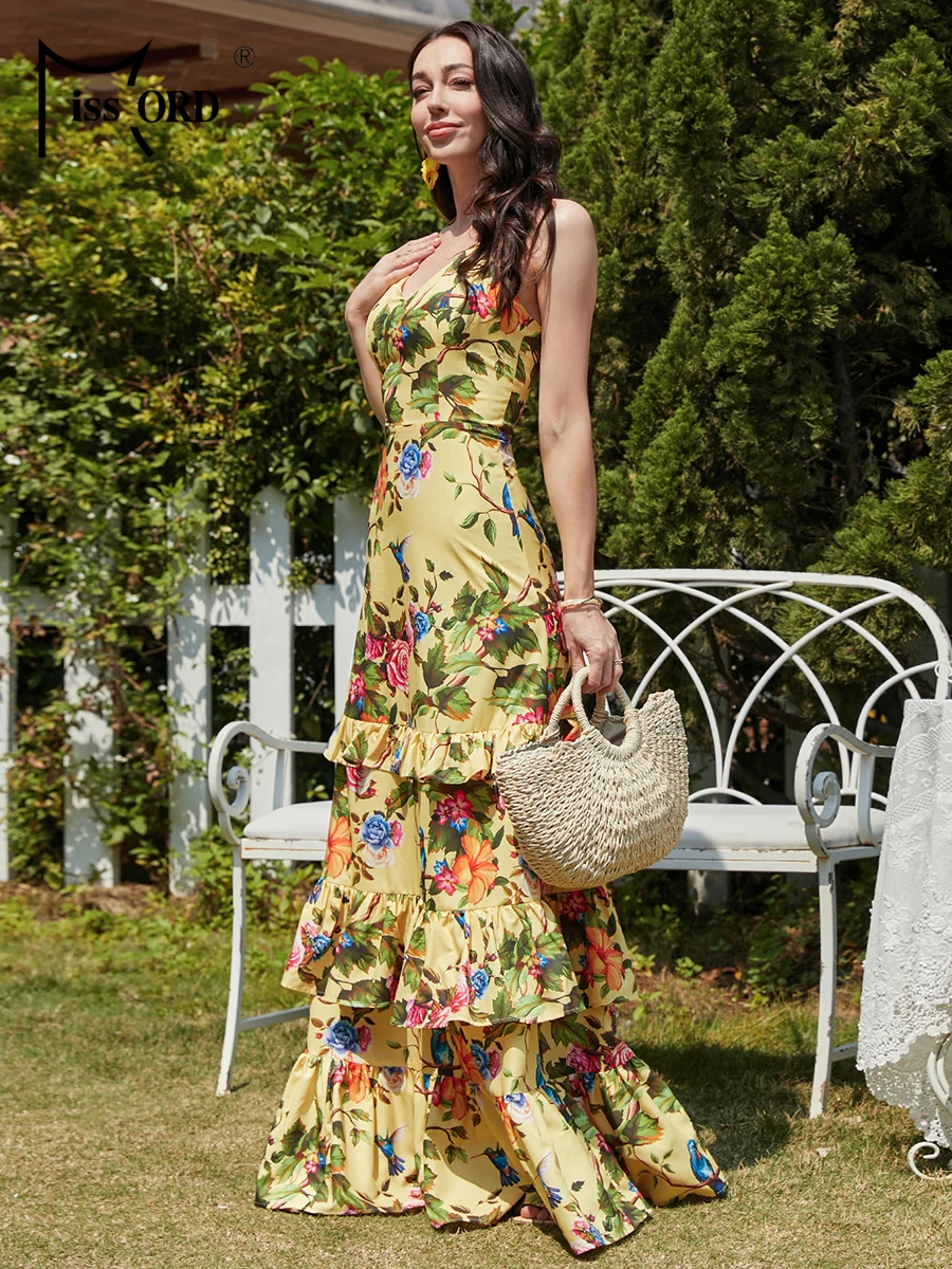 Missord-Robe longue à motif floral jaune pour femme, tenue de soirée, dos nu, coupe trapèze, vacances, plage, à plusieurs niveaux