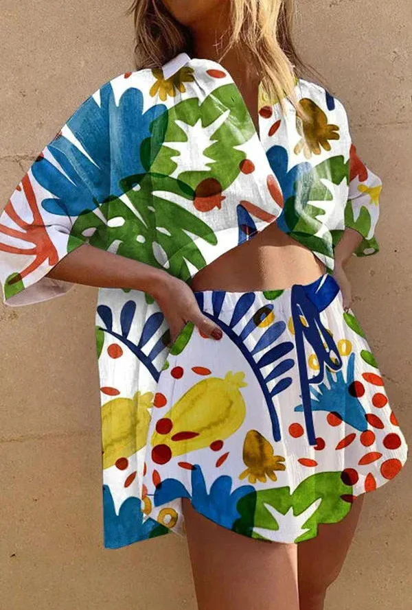 

Boho Beach Holiday Print Shirt Shorts Two Piece Sets Women Fashion Half Sleeve Shirts Outfits Summer Casual Loose Shorts Sets