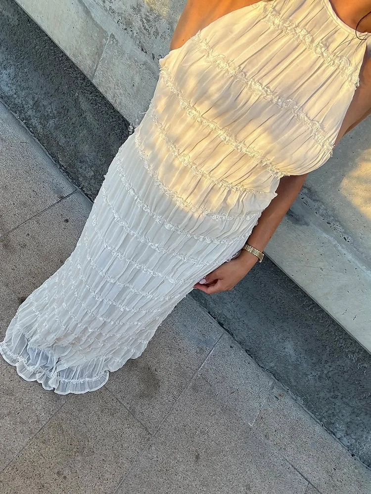 TARUXY Fashion Backless Ruched Long Dress For Women Halter Lace Up Sexy Ruffle Dress Loose Female 2025 Summer New Vacation Dress