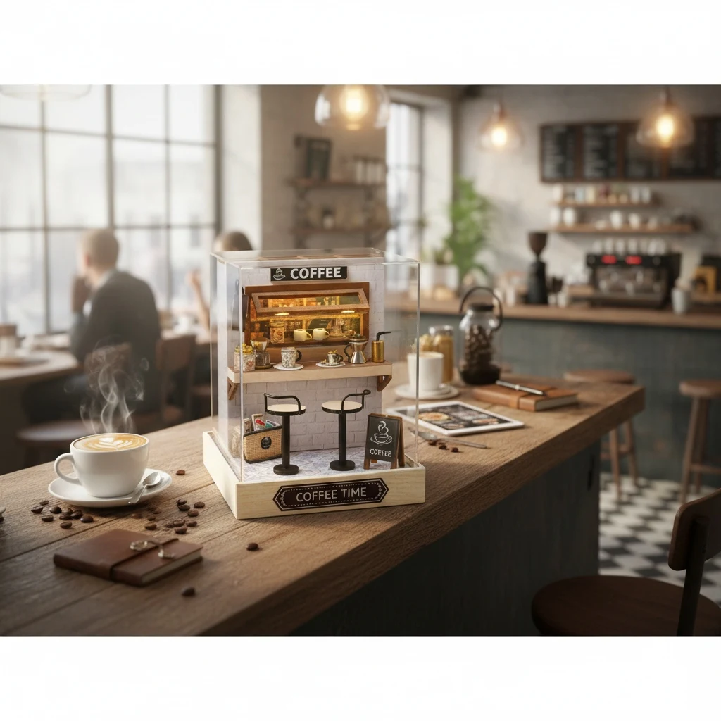 مجموعة نماذج منزلية خشبية ثلاثية الأبعاد من OUZEY "وقت القهوة المريحة" - حرفة تجميع المقهى المصغرة، هدية ديكور مكتب منزلي مبتكرة للبالغين #4