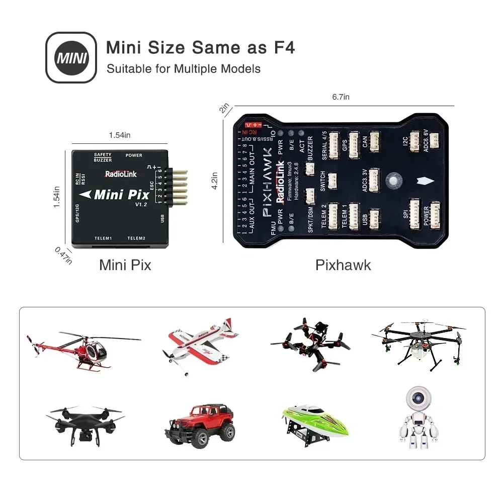 Radiolink Mini PIX V1.2 FC - متوافق مع Pixhawk، يدعم نظام تحديد المواقع M10N/TS100/SE100، لطائرات FPV والطائرات والطائرات