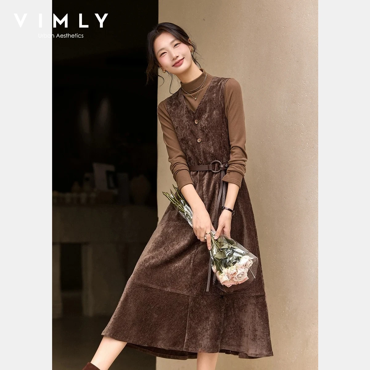 

VIMLY Women's Dress 2 Piece Set 2025 Winter Chic Knitted High Neck Top Long Vest Dresses Casual New Ladies Clothing Suit 30365