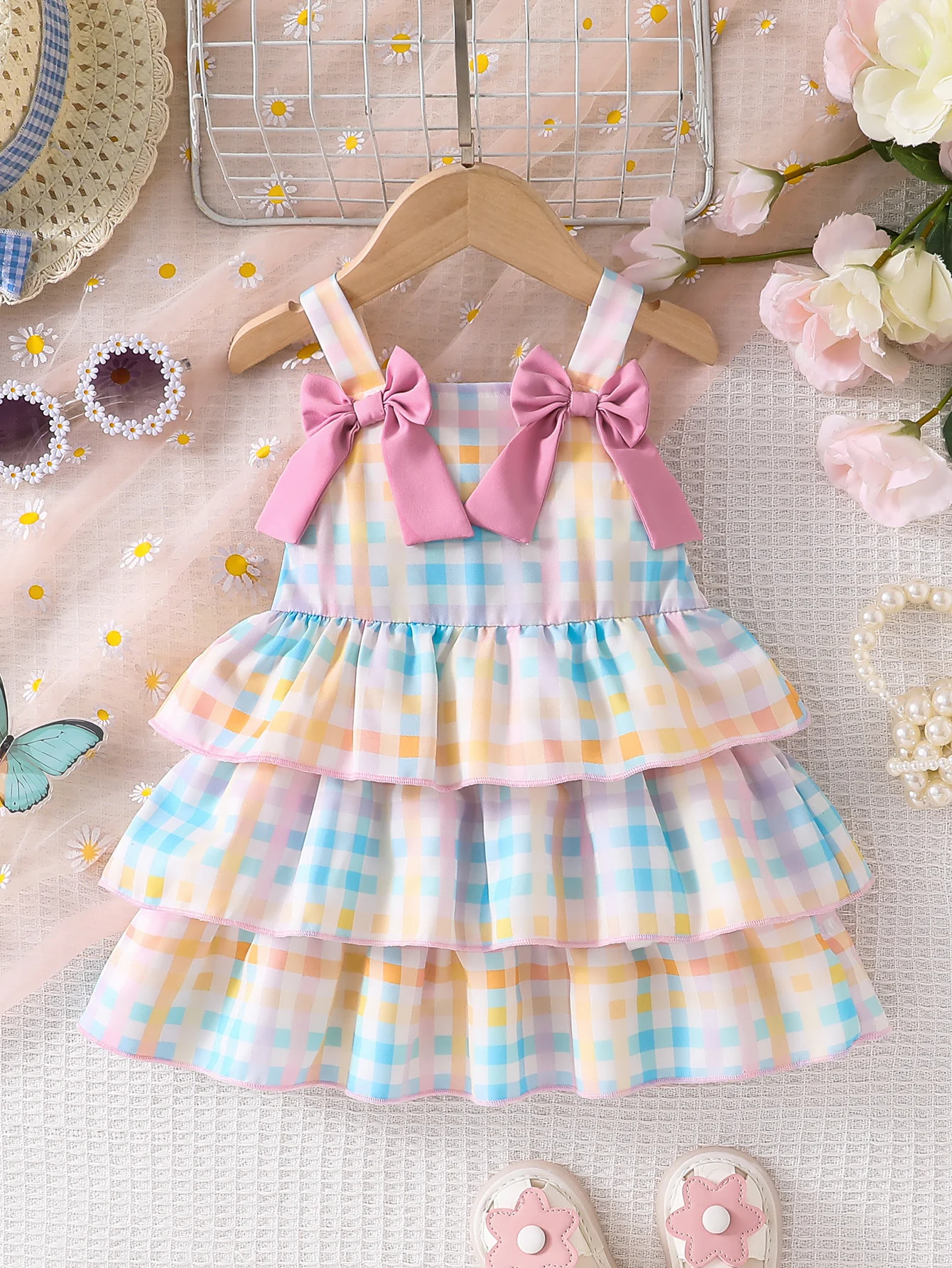 1-Piece Summer Thin Dress for Baby Girls, Children's Square-Neck Bow-Decorated Sleeveless Dress, Cute and Elegant Style for Baby Girls, Versatile Suspender Cake Dress Set, Newborn First Birthday Gift, Comfortable and Soft Princess Dress, Youthful and Sweet Vacation Style Outfit, Suitable for 0-1-2-3 Years Old, 6-9 Months, Suitable for Outdoor, Casual, Party, Holiday Gift