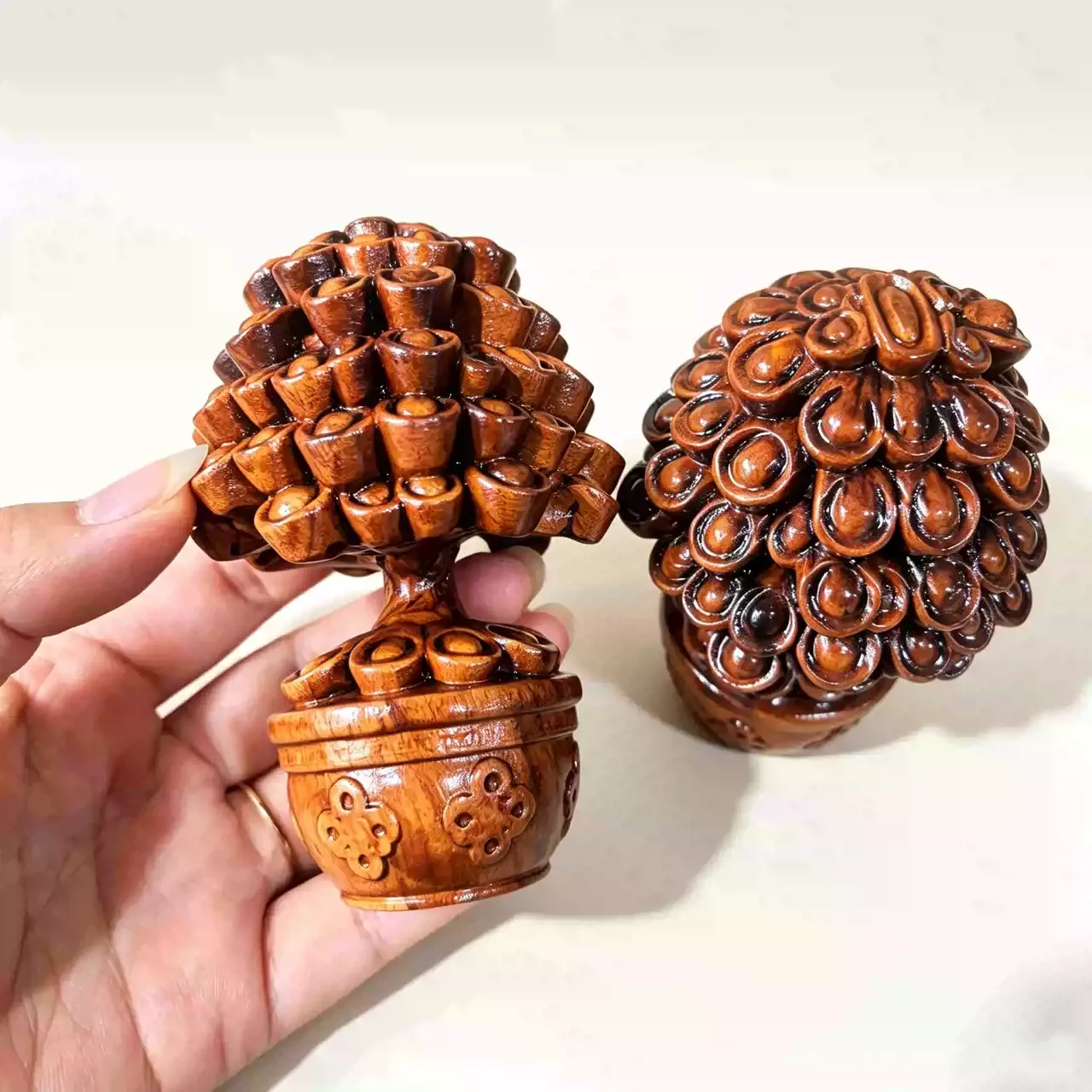 Wood Money Tree Sculpture, Hand Carved Gold Ingot Feng Shui Ornament,10cm Height Desktop Wealth Crafts