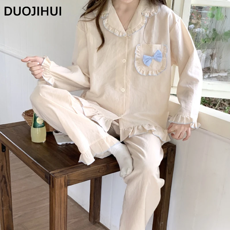 DUOJIHUI New Solid Color Chic Bow Pocket Female Pajamas Set Button Cardigan Loose Casual Pant Fashion 4-colors Pajamas for Women