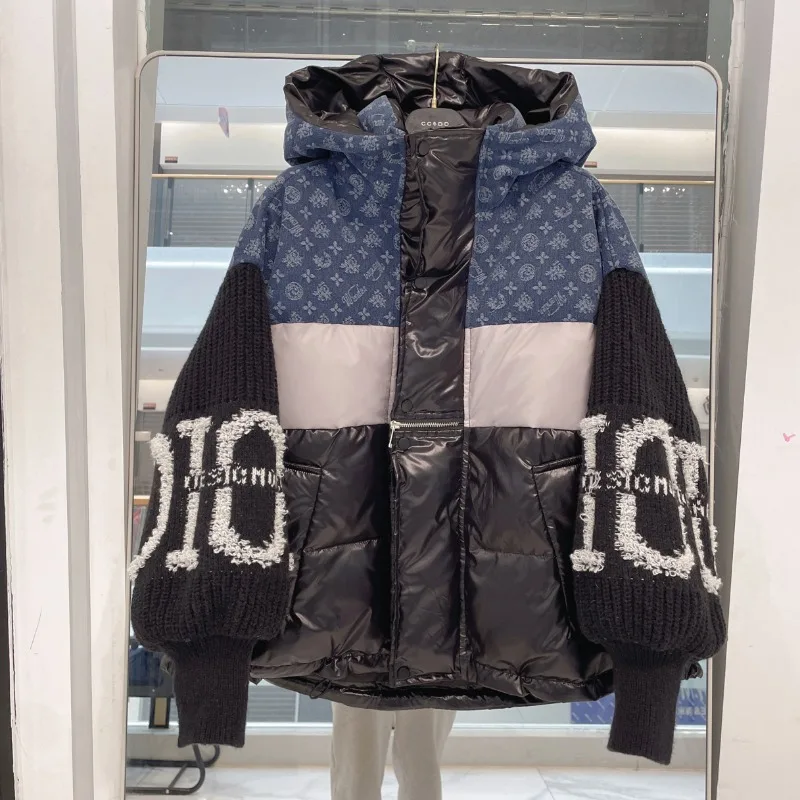 Women's New Style Patchwork Hooded Down Jacket Knitted Sleeves Letters Thickened White Duck Down Outerwear Jackets for Women