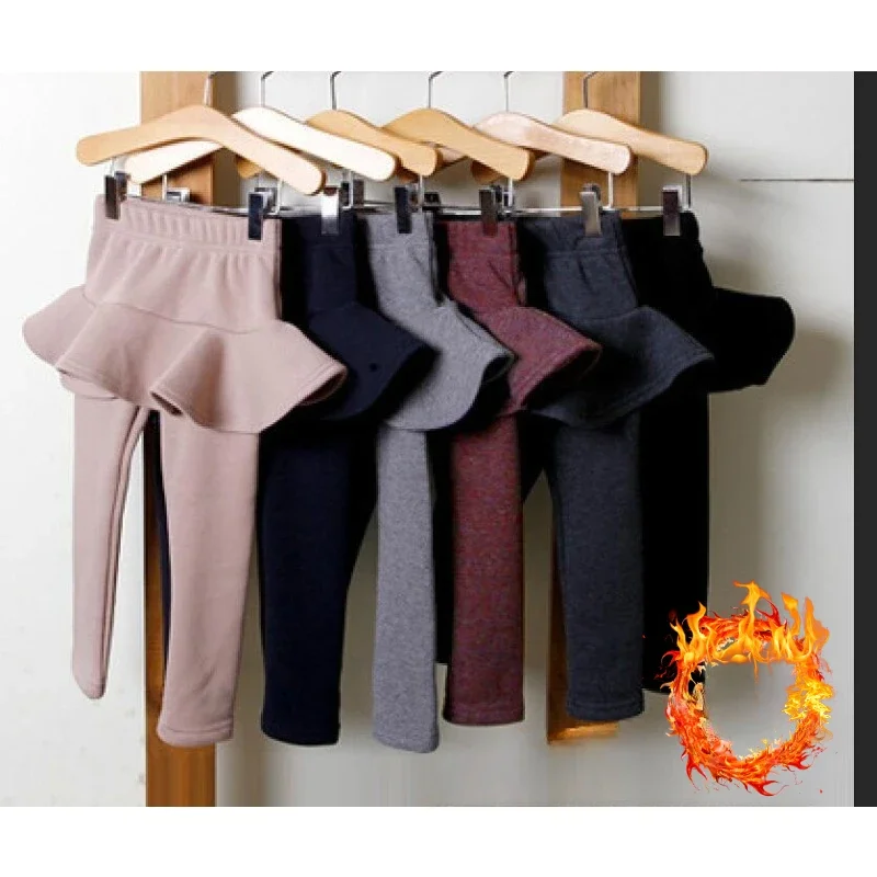 Winter Girls Padded Bottoming Skirt-pants Fleece Thick Warm Pants for Kids Cotton False Two Pieces Leggings Casual Child Tights