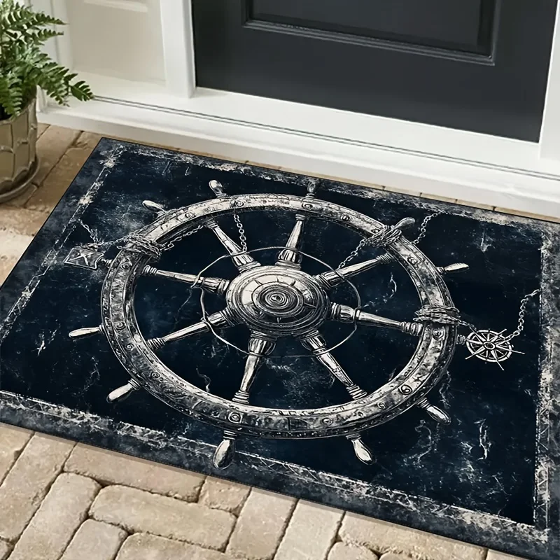 Nautical Ship Wheel Print Flannel Area Rug Maritime Theme Floor Mat For Living Room Bedroom Balcony Decor Soft Non Slip