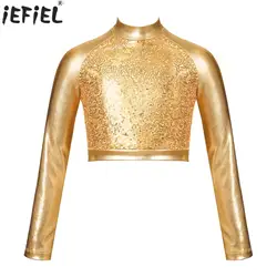 Top corto de baile de Jazz moderno para niños y niñas, camiseta de manga larga con lentejuelas brillantes metálicas, Tops de patinaje artístico, disfraz de actuación en escenario