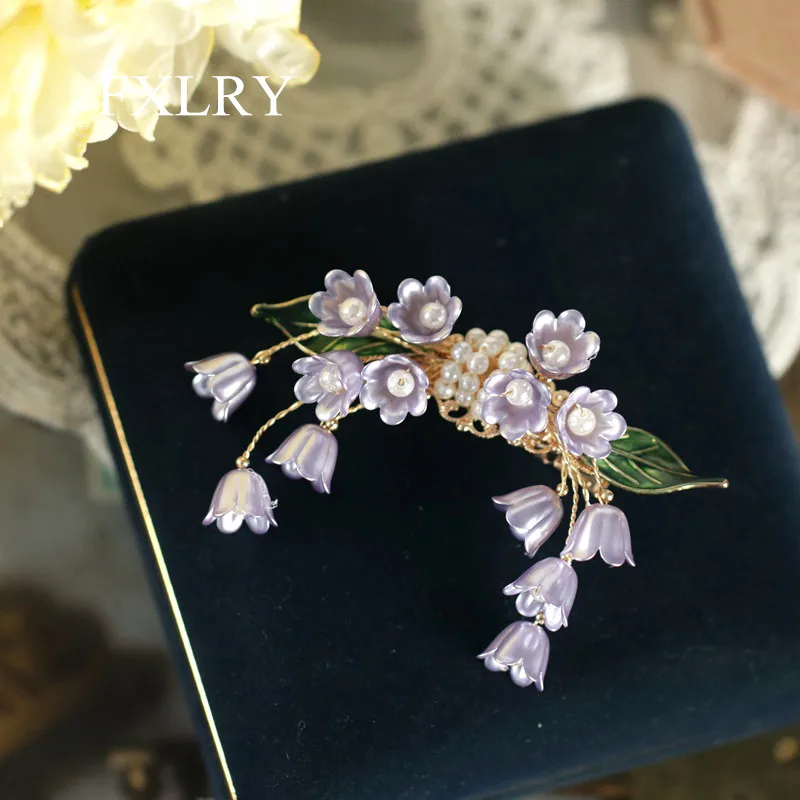 

FXLRY Original Handmade Natural Shell Pearl Mori French Vintage Lily-of-the-valley Purple Flower Hairpin Side Headdress