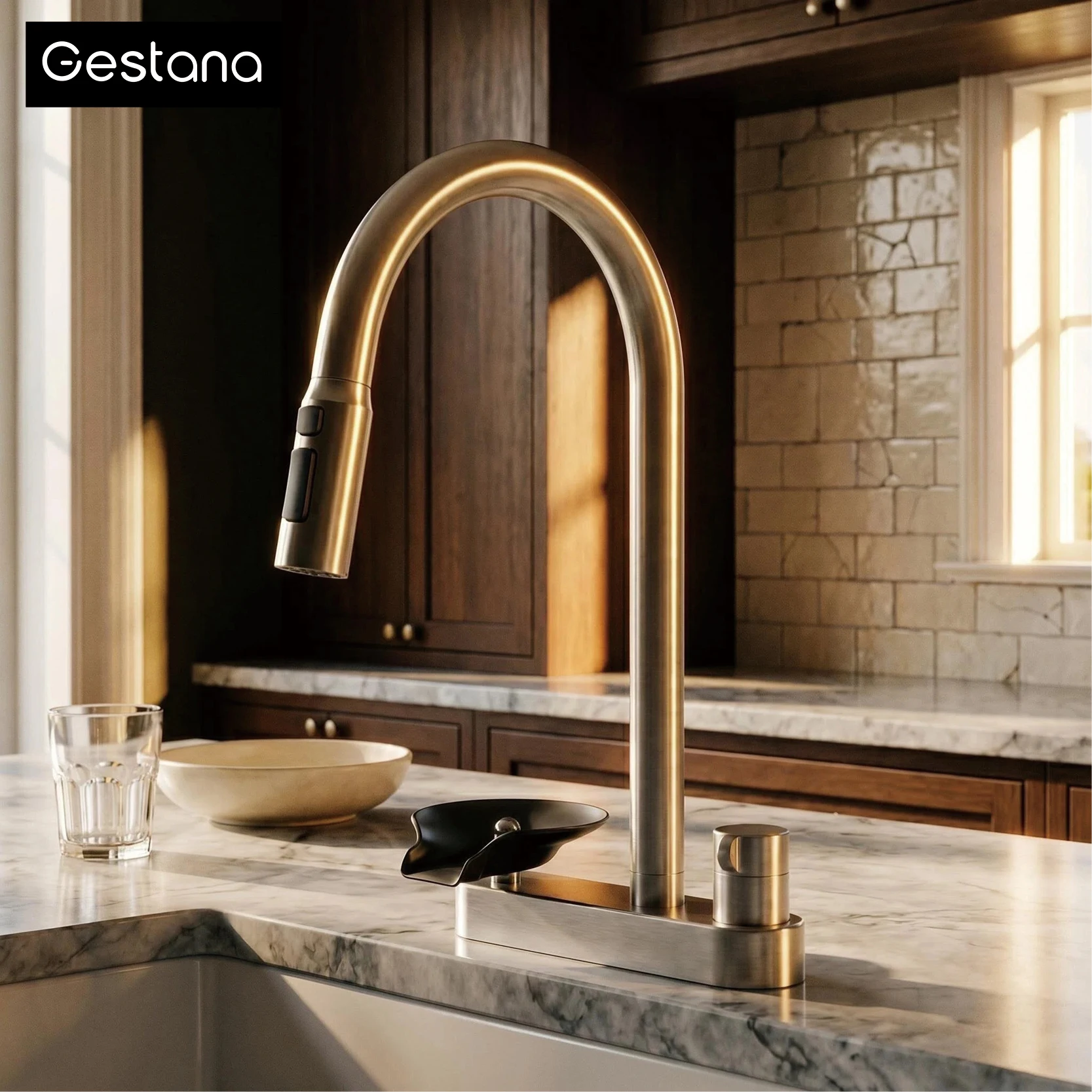 

Brushed Nickel Kitchen Sink Faucet Pull Out Sprayer Hot Cold Water Mixer Tap Single Handle Kitchen Tap with Glass Rinser