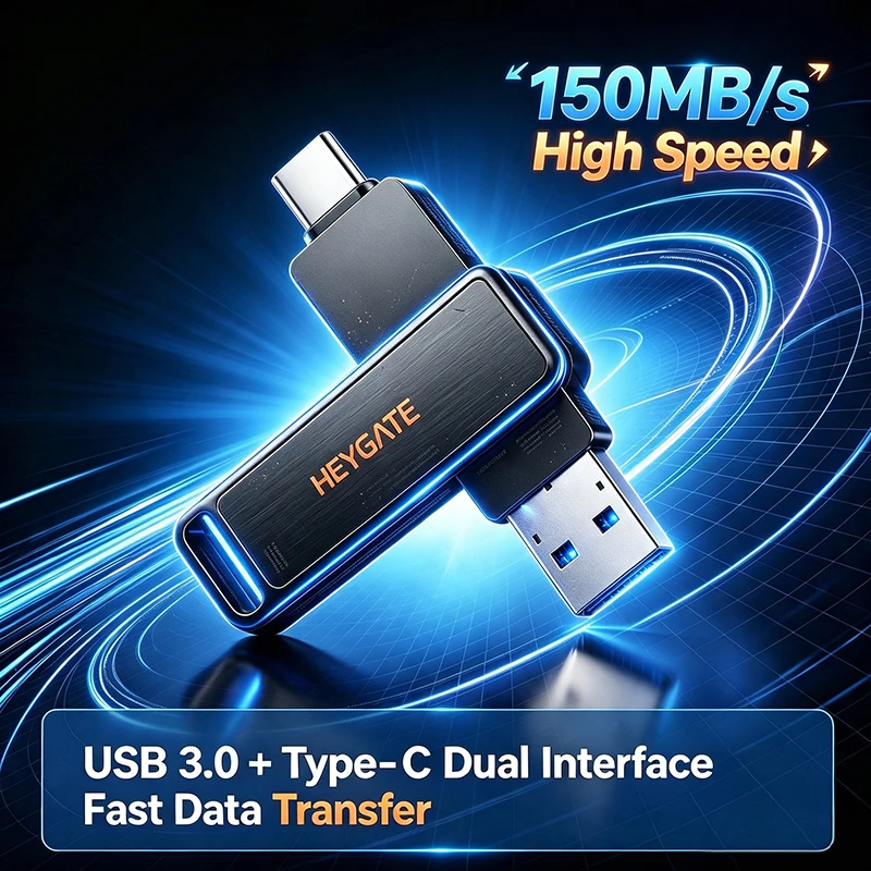Image of HEYGATE OTG Dual-Interface USB3.2 Gen1 Typ-C Flash-Laufwerk 32GB 64GB 128GB 150MB/s Hochgeschwindigkeits-Metall-Pendrive für Telefon, Laptop, PC