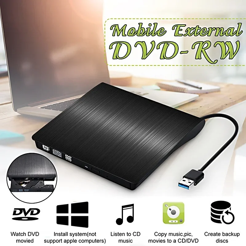 USB 3.0 Slim External Optical Drive DVD RW CD Writer Drive Burner Reader Player Optical Drives Plug and Play For Laptop Notebook