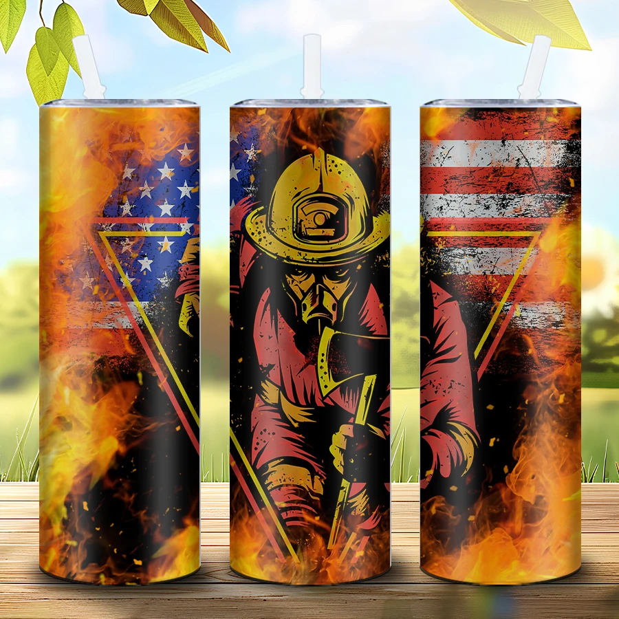 3D Print Firefighter American Flag Sublimation Stainless Steel Tumbler With Lid And Straw Skinny Water Bottle Suitable Gift