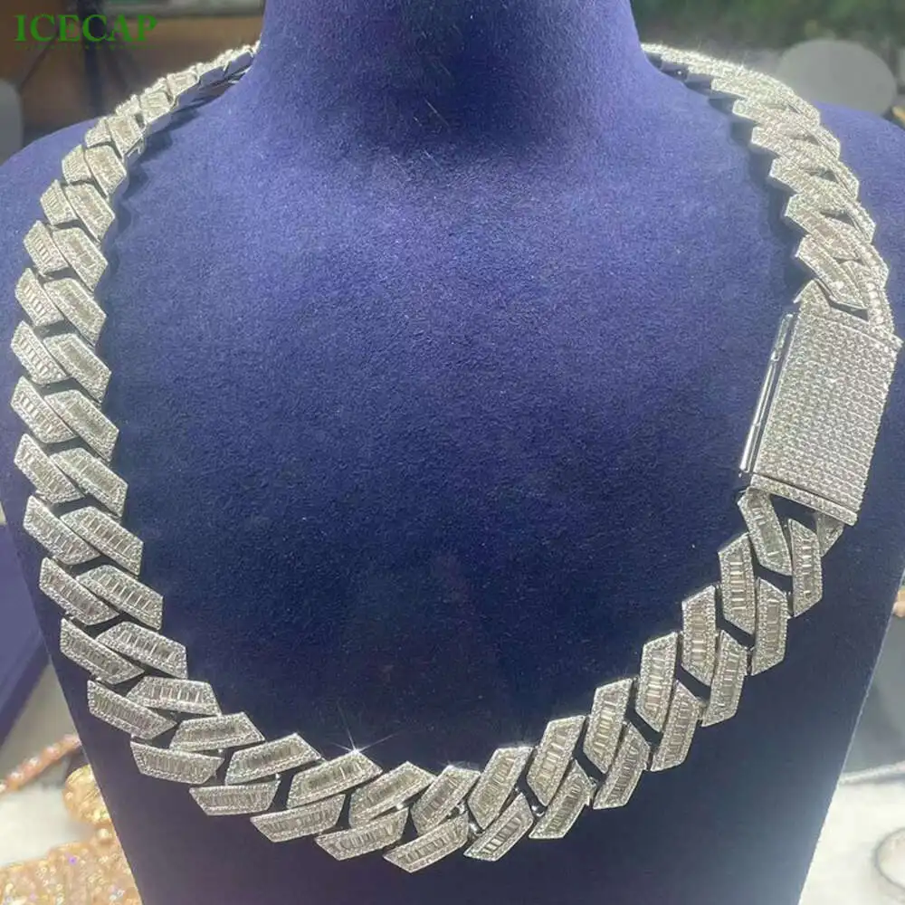 Luxury 20mm Hip Hop Fine Jewelry 925 Sterling Silver Vvs Moissanite Diamond Iced Out Cuban Link Chain Necklace for Men.