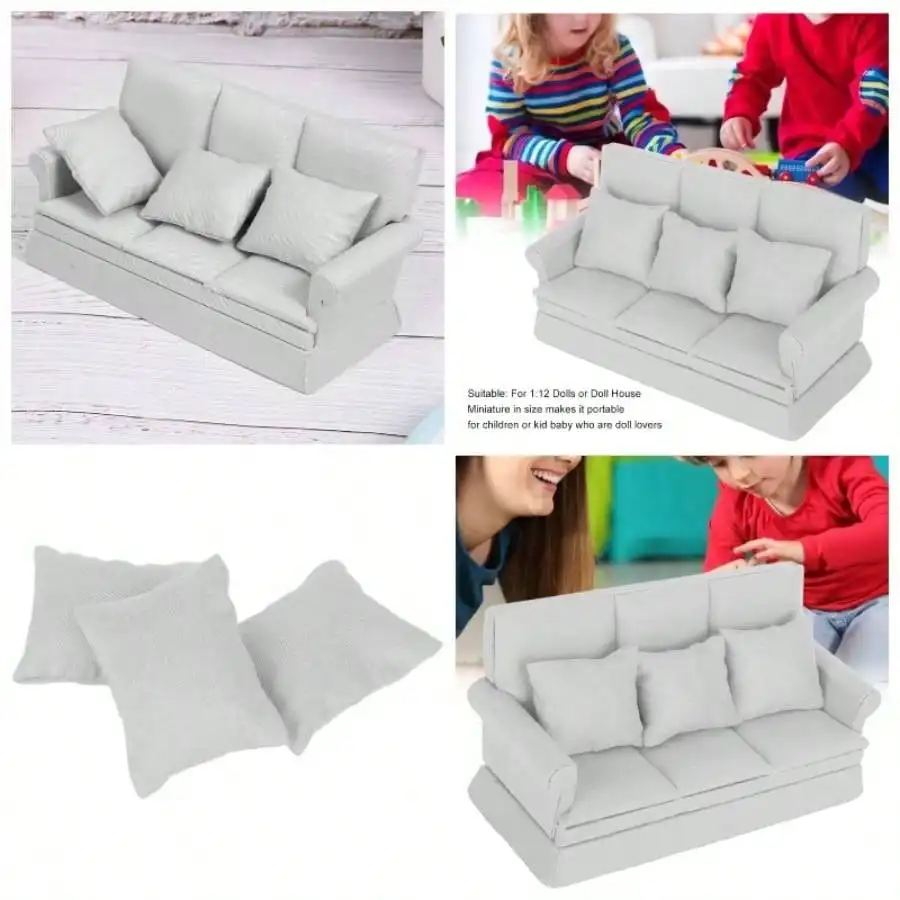 

Диван-кресло для чтения 2 в 1, мебель для кукольного домика, деревянный белый диван в масштабе 1:12 с 3 подушками, миниатюрный декор для гостиной