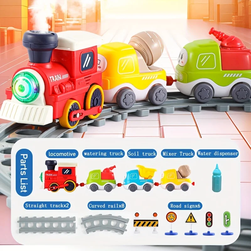 รถไฟไอน้ำของเล่นเด็ก รถไฟรางไฟฟ้า ของขวัญสำหรับเด็กชายและเด็กหญิง รถรางไอน้ำพร้อมไฟและเสียงเพลง ชุดรถไฟวิศวกรรมขนาดเล็ก