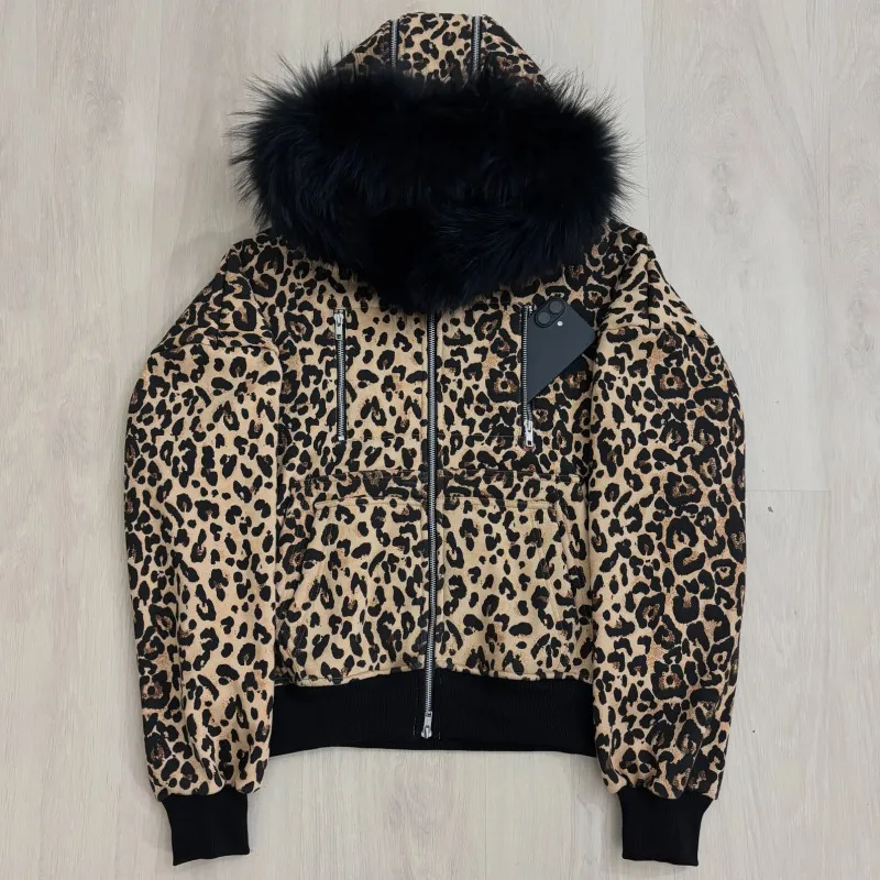 เสื้อฮู้ดมีซิปพิมพ์ลายเสือดาวสไตล์อเมริกันเรโทรแบบต่อผ้าสำหรับฤดูใบไม้ร่วงและฤดูหนาว