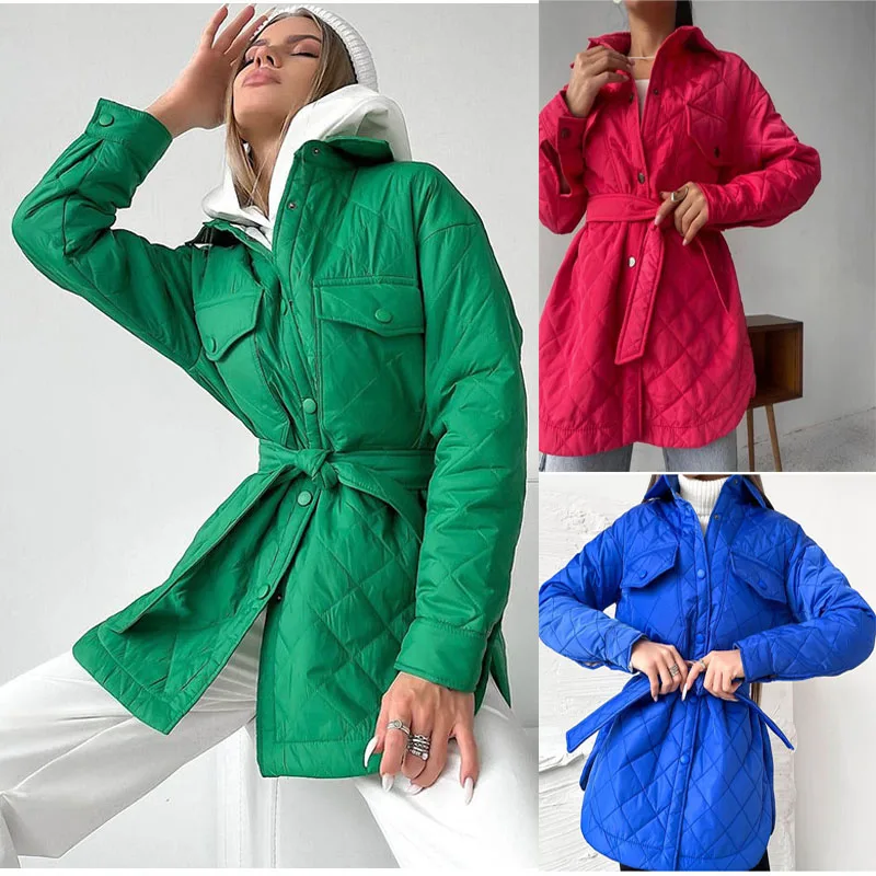 

Женское хлопковое жакет свободного кроя Thiened Cotton Jaet средней длины, теплое стеганое пальто с поясом Street Sle Long Sve, застежка на одной пуговице