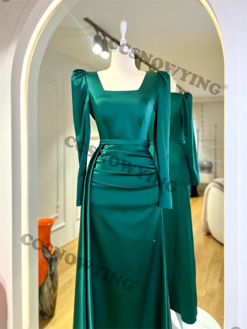 Simple Satin Muslim Evening Dresses Islamic Long Sleeve Hijab Formal Party Gown Prom Dress Arabic Dubai Women Robe De Soiree