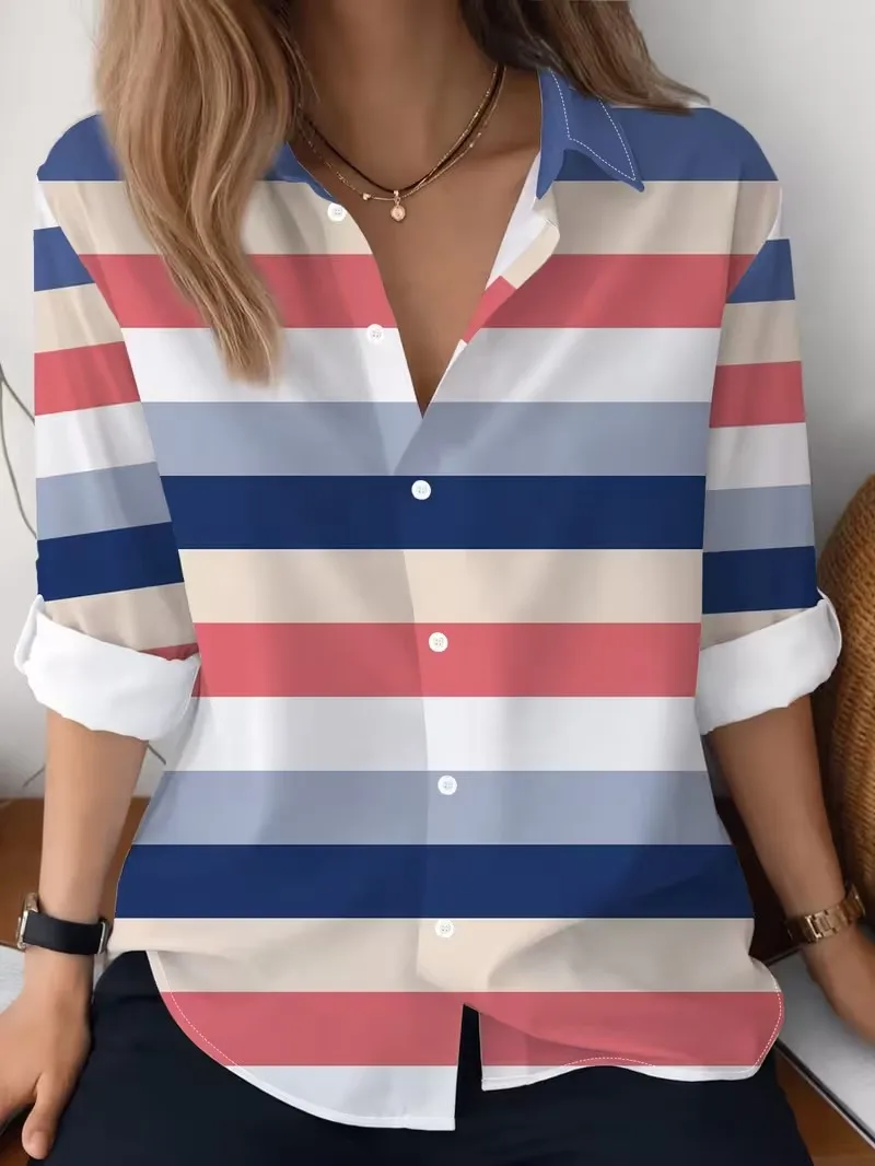 3D retro color striped printed shirt, women's autumn new long sleeved lapel casual shirt, casual regular versatile top