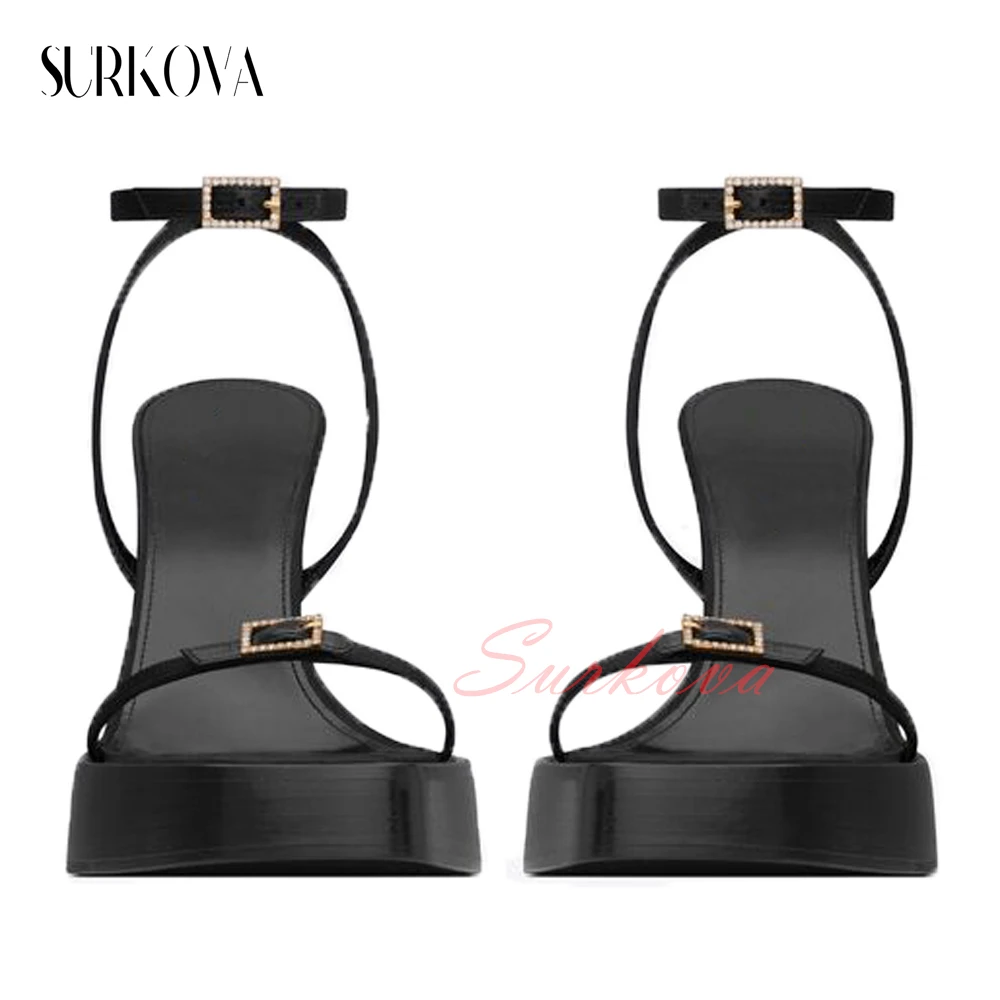 

Rhinestone Buckle Fashion High Heels for Women Black Round Toe Platform Thick Heel Sandals Luxury Runway Shoes 2023 Summer New