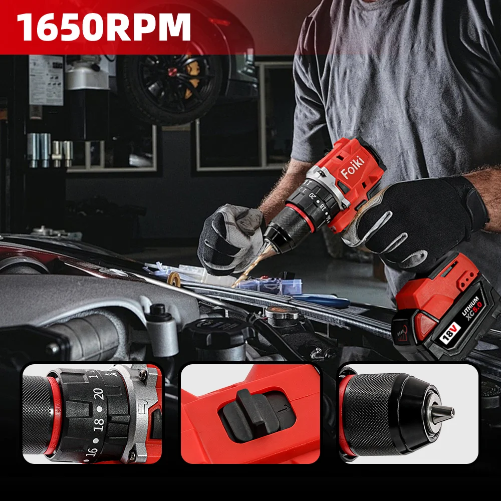 Taladro de impacto sin escobillas Foiki de 18 V, velocidad ajustable de alto par de 60 N · m para decoración profesional/montaje de muebles/proyectos de bricolaje