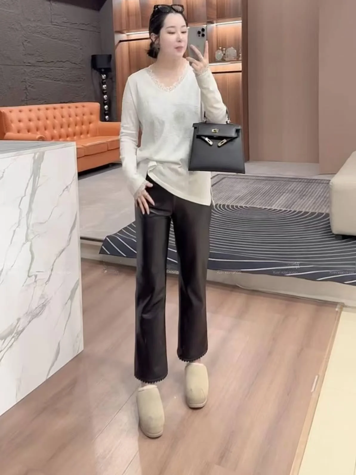 

2025 New Women's Genuine eepskin Leather Pants High Waist Slimming Casual Long Wide Leg Trousers Versatile Faionable