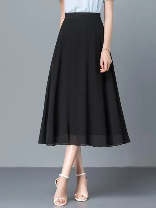Spring Summer New White A-Line Midi Skirt Women High Waist Wide Leg Gentle Lazy Fairy Skirt Chiffon Skirt Elastic Waist