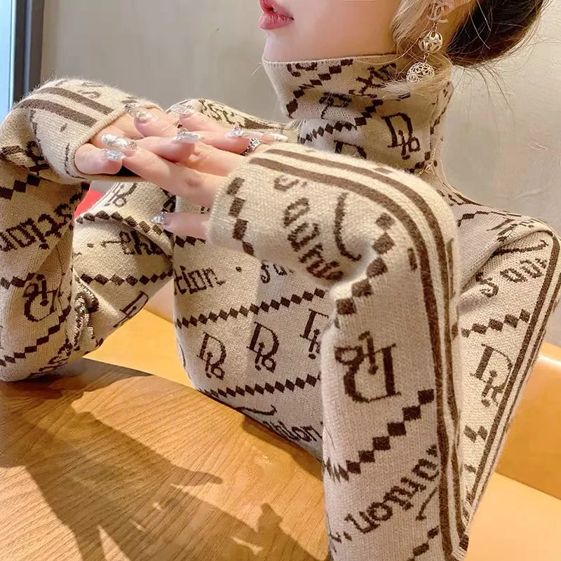 Women Clothing Slim Knitted Turtleneck Sweaters Autumn Winter New Vintage Fashion Elegant Pullovers Chic Y2k Letter Jacquard Top