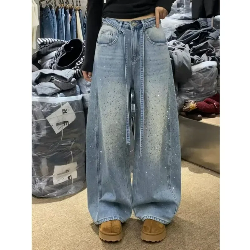 American High Street Vintage Rhinestone Splicing Denim Pants Women Spring Autumn Spicy Loose Lazy Feel Fleece Floor-Length Pants
