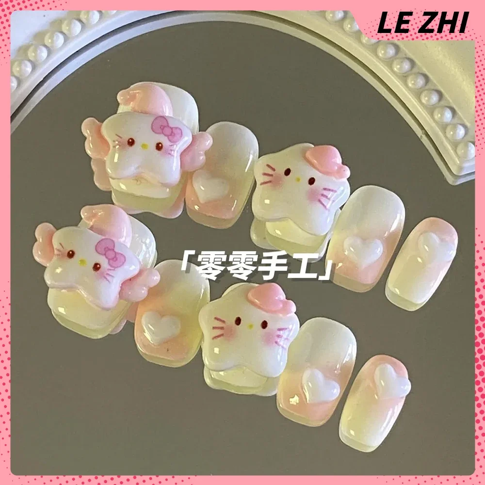 Cartoon 3D Wearable Press On Nails Hello Kitty Pochacco Luxury Rhinestone Pearls Artifical Full Cover Nail Party Stickers