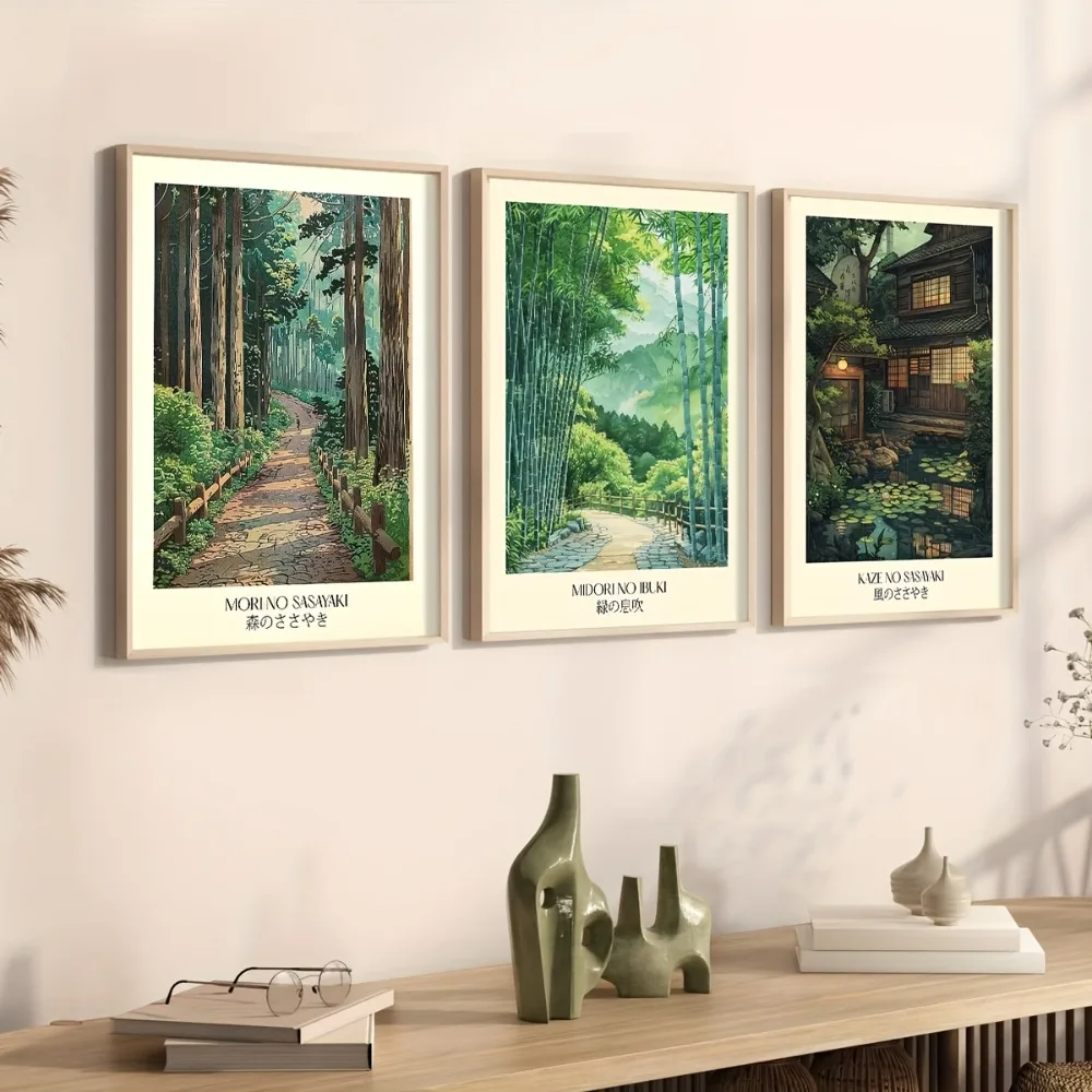 3pcs Frameless Canvas Poster,Retro Interesting Art,Japanese Rural Landscape Art Zen Garden Prints,Forest Trail Garden Art Poster
