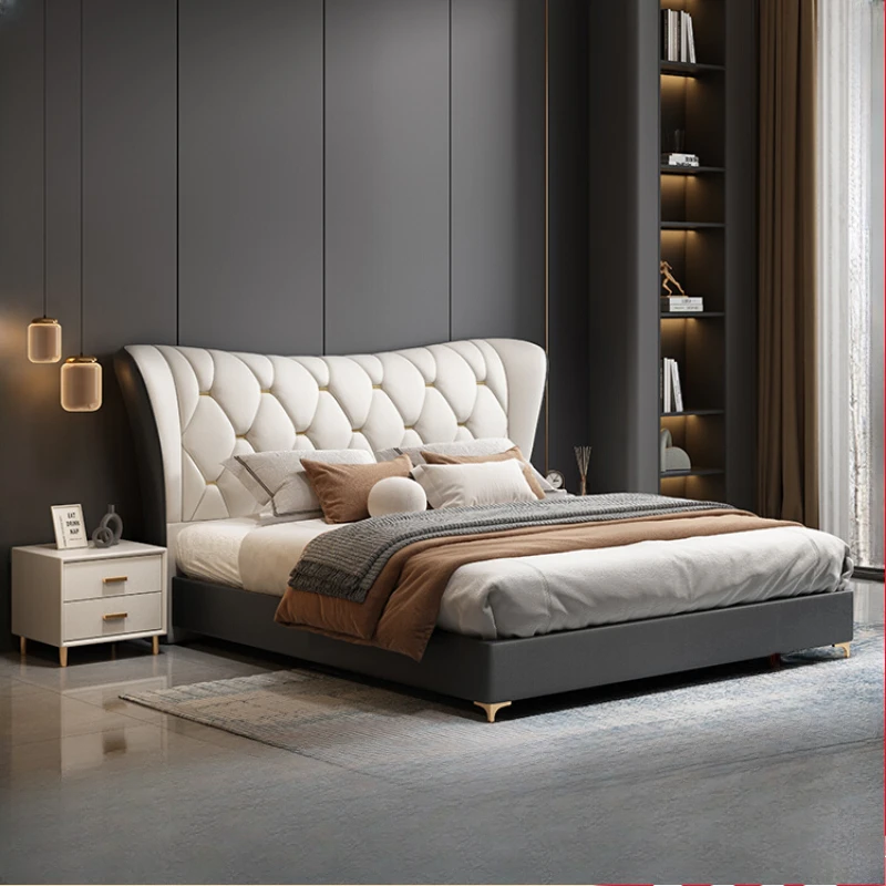 

Modern Leather Frame Double Bed Luxury King Size Queen Shelves Twin Double Bed Wooden Modern Cama De Casal Furniture For Bedroom