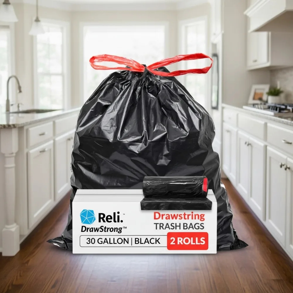 

Heavy Duty 30 Gallon Trash Bags with Drawstring, 150 Count, Black, Leakproof and Tear-Resistant for Indoor and Outdoor Use