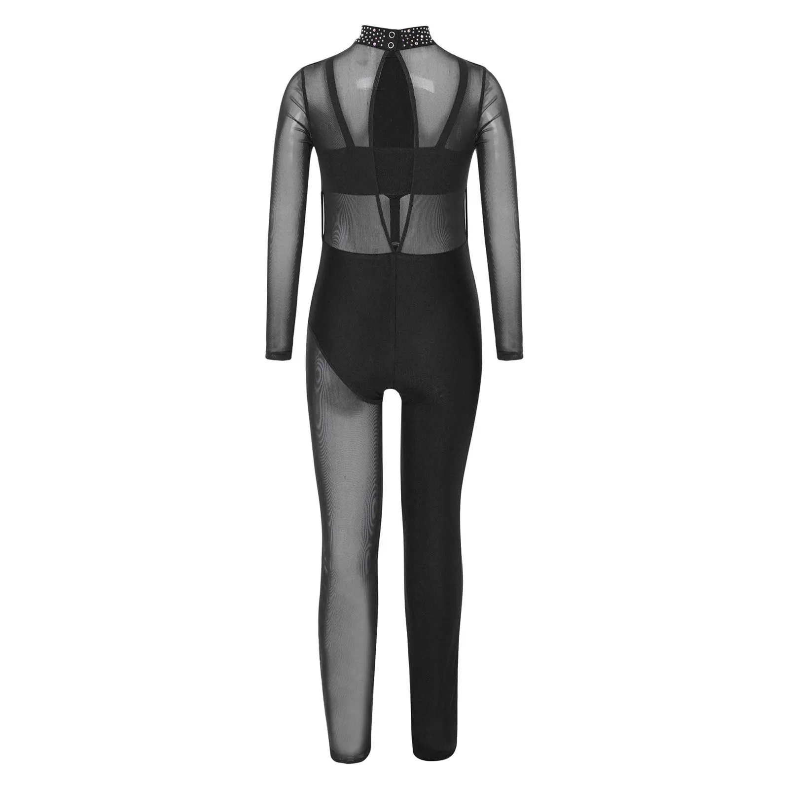 Girls Ballet Gymnastics Workout Dance Jumpsuit Figure Skating Romper Sheer Mesh Mock Neck Long Sleeve and Keyhole Back Dancewear
