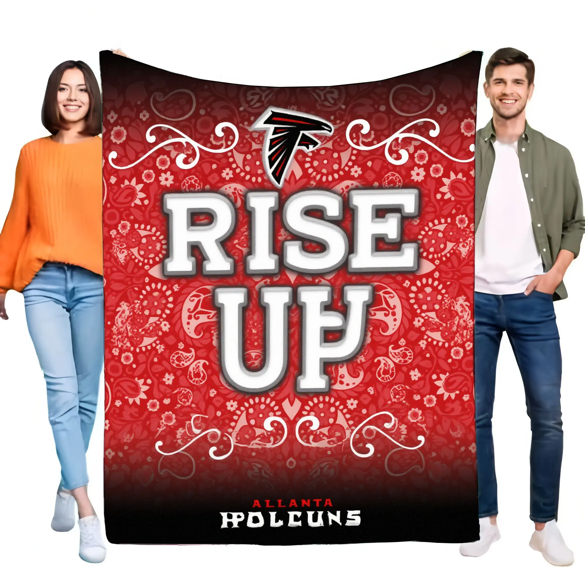 Atlanta Falcons RISE UP Überwurfdecke, große dekorative Sportdecke mit schwarzem Rand und Falcon-Logo, perfekt für Fans und Zuhause