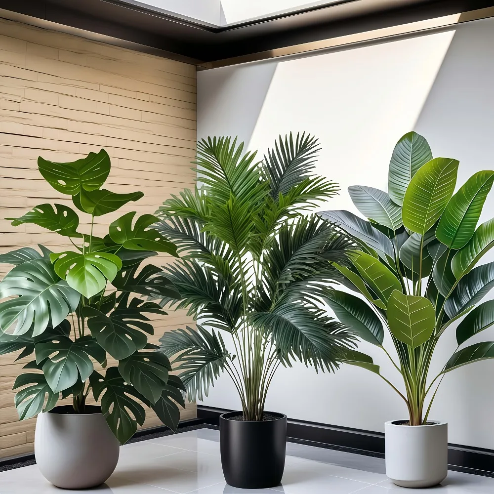 3 قطع نبات نخيل أريكا صناعي كبير مع 36 ورقة نباتات استوائية مناسبة لتزيين الحديقة الداخلية نبات بوعاء