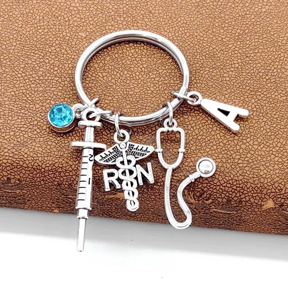 1Pc RN Registered Nurse Gifts Medical Caduceus Keychain Blue Crystal Initial Letter Keyring Women Men Jewelry For Graduation