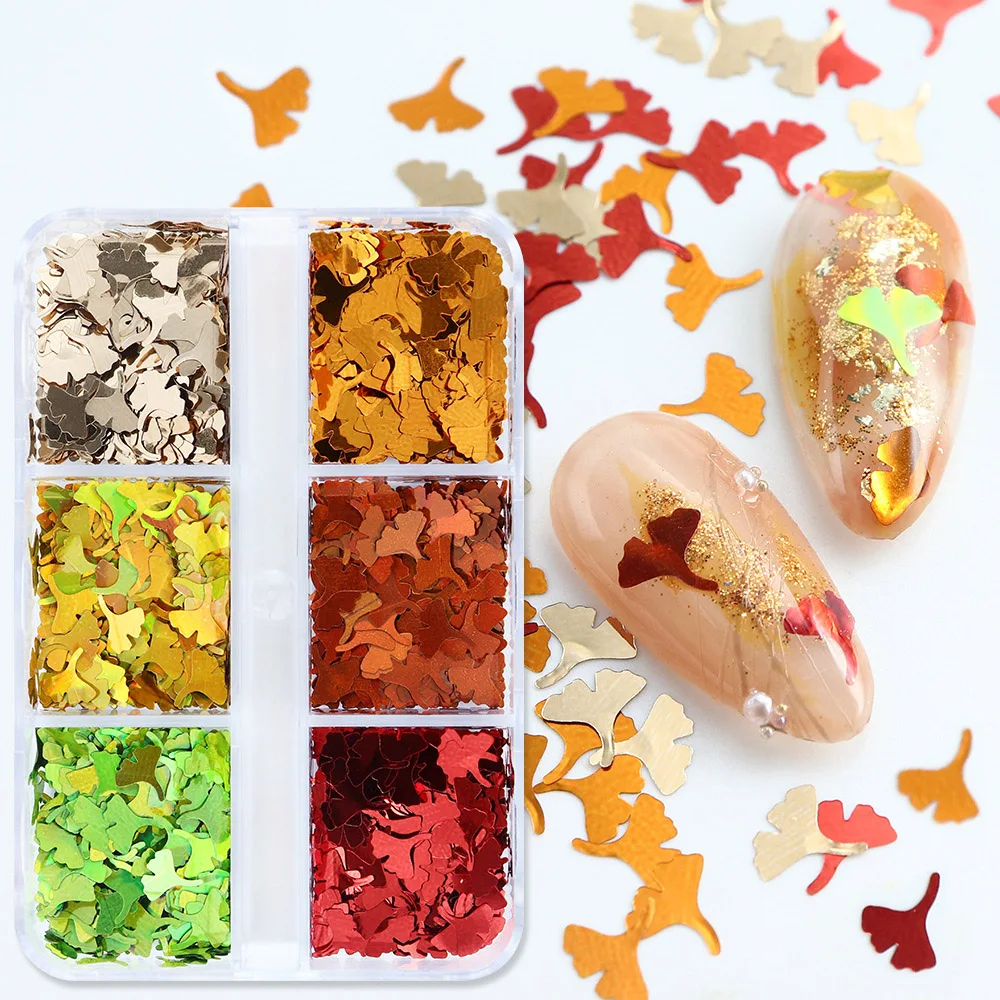 -Autumn Ginkgo- Leaf Shaped Nail Adorn Sequins 6colors Combo Box Holographic Gingko Leaves Flakes UV Gel Glitters Decoration 404