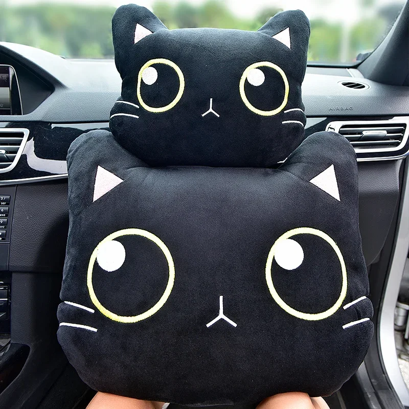 Cute Cat Car Neck Pillow Cartoon Cat Head Car Headrest Travel Cushion Cat Seatbelt Shoulder Pads Covers Rearview Mirror Cover