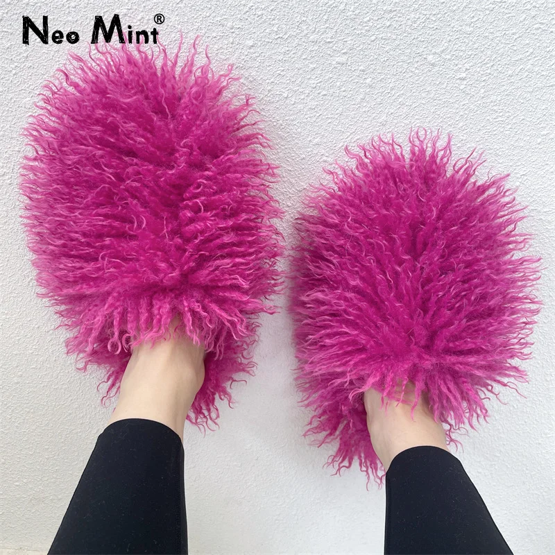 Sweet Kawaii Candy Furry Mules Women Home Slides Luxury Fluffy Faux Fur Flip Flops Female Y2k Street Fashion Girls Plush Slipper