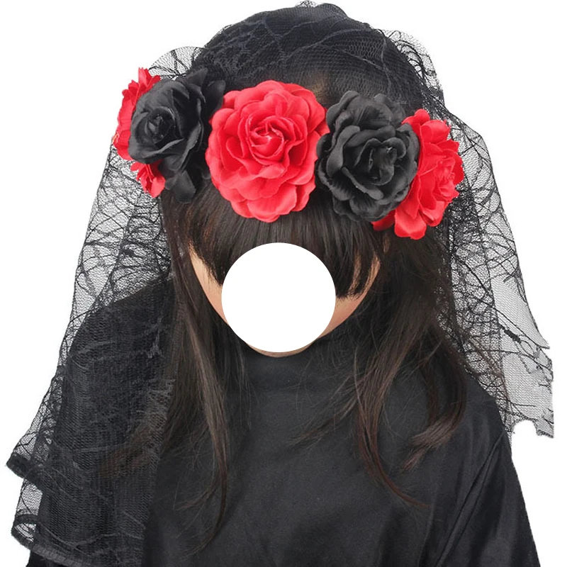 1PCS Black Veil Halloween Rose Flower Headband Costume Cosplay Wedding Mexican Rose Flower Crown Headband Day of The Dead Party